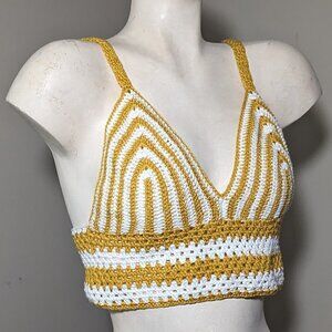QED London Crochet Top Mustard White S /M NWT